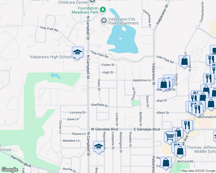 map of restaurants, bars, coffee shops, grocery stores, and more near 154 John Glenn Drive in Valparaiso