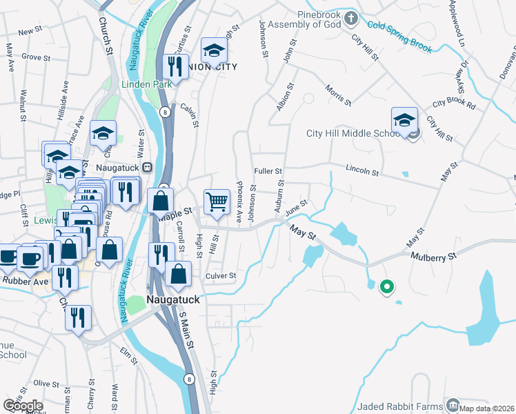 map of restaurants, bars, coffee shops, grocery stores, and more near 21 Johnson Street in Naugatuck