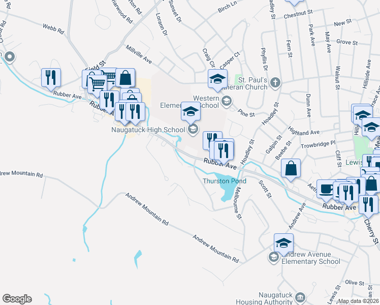 map of restaurants, bars, coffee shops, grocery stores, and more near 515 Rubber Avenue in Naugatuck