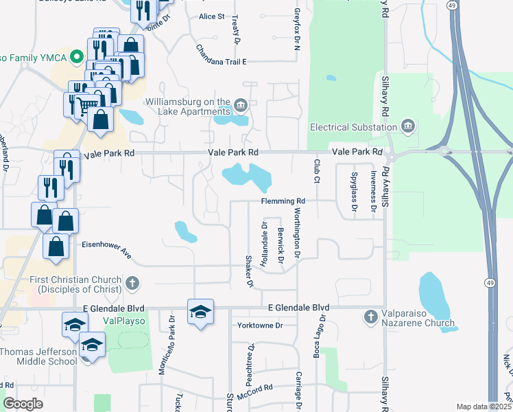 map of restaurants, bars, coffee shops, grocery stores, and more near 2101-2299 Milford Court in Valparaiso