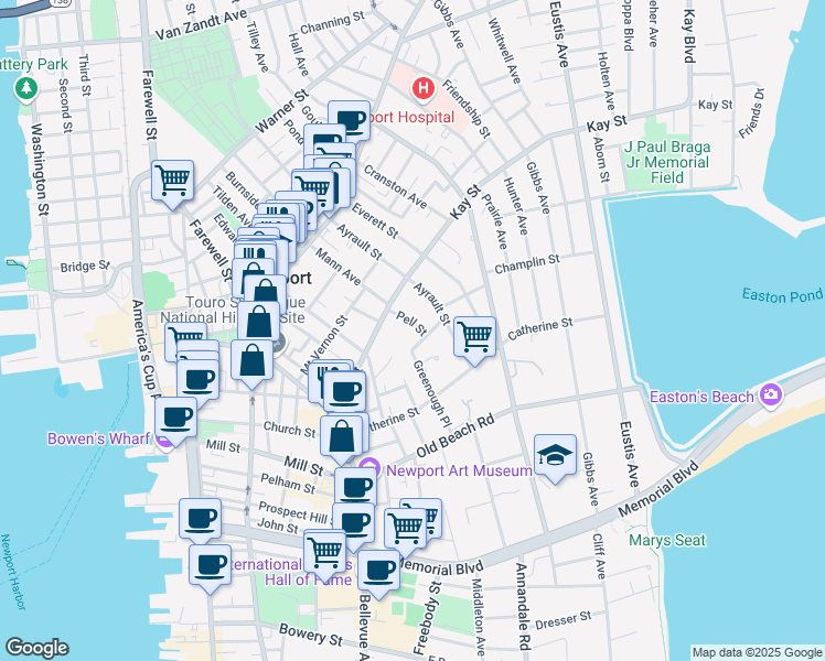 map of restaurants, bars, coffee shops, grocery stores, and more near 23 Pell Street in Newport