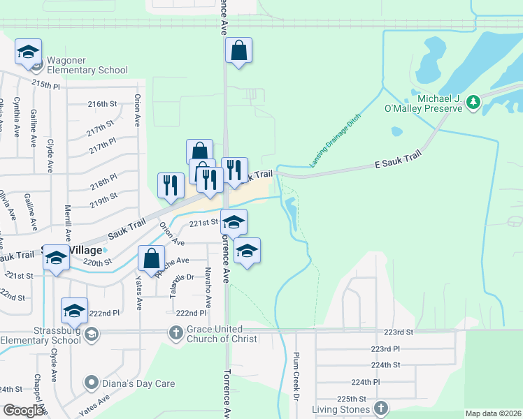 map of restaurants, bars, coffee shops, grocery stores, and more near 2616 Marigold Drive in Sauk Village