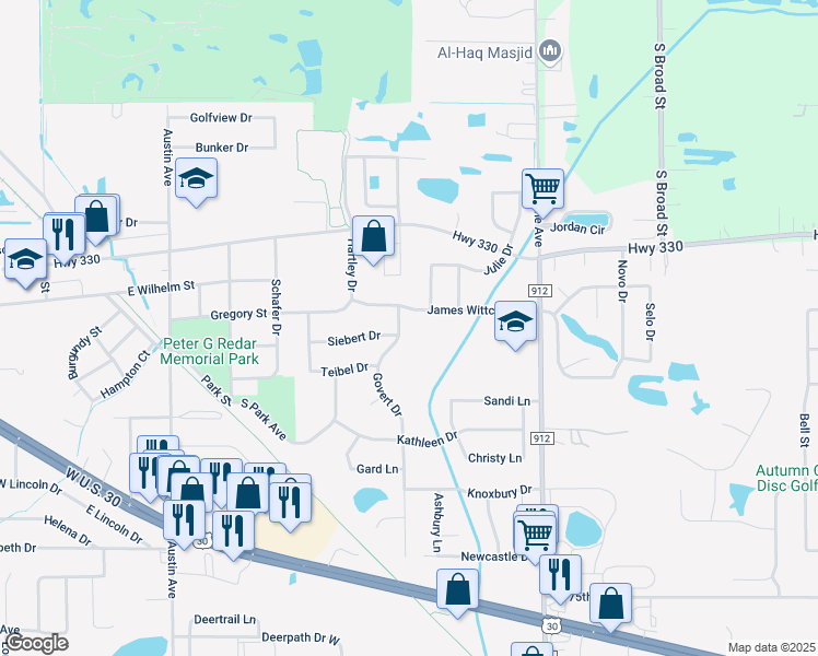 map of restaurants, bars, coffee shops, grocery stores, and more near 529-599 Siebert Drive in Schererville