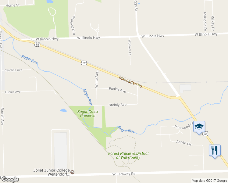 map of restaurants, bars, coffee shops, grocery stores, and more near 1420 Eunice Avenue in Joliet