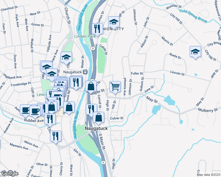 map of restaurants, bars, coffee shops, grocery stores, and more near 239 Maple Street in Naugatuck