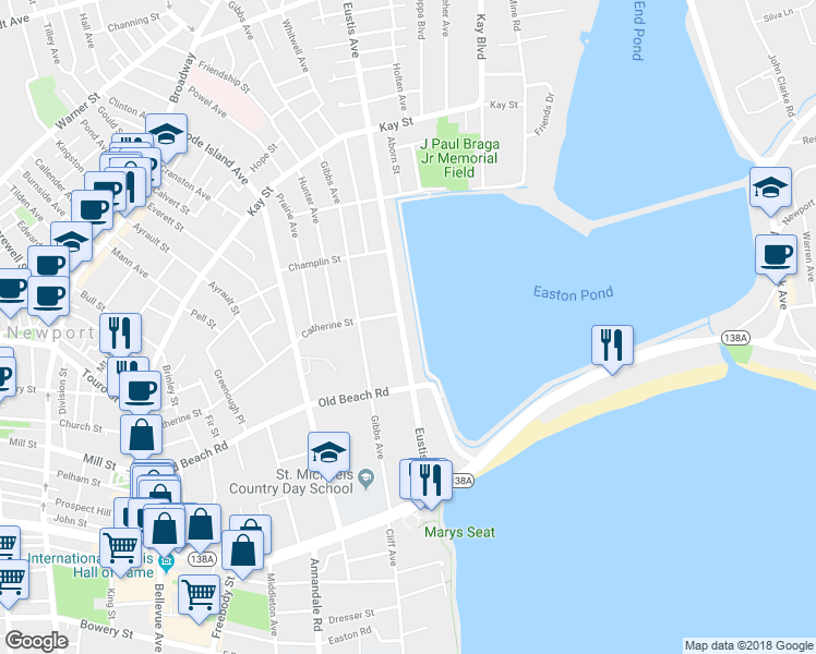 map of restaurants, bars, coffee shops, grocery stores, and more near 172 Eustis Avenue in Newport