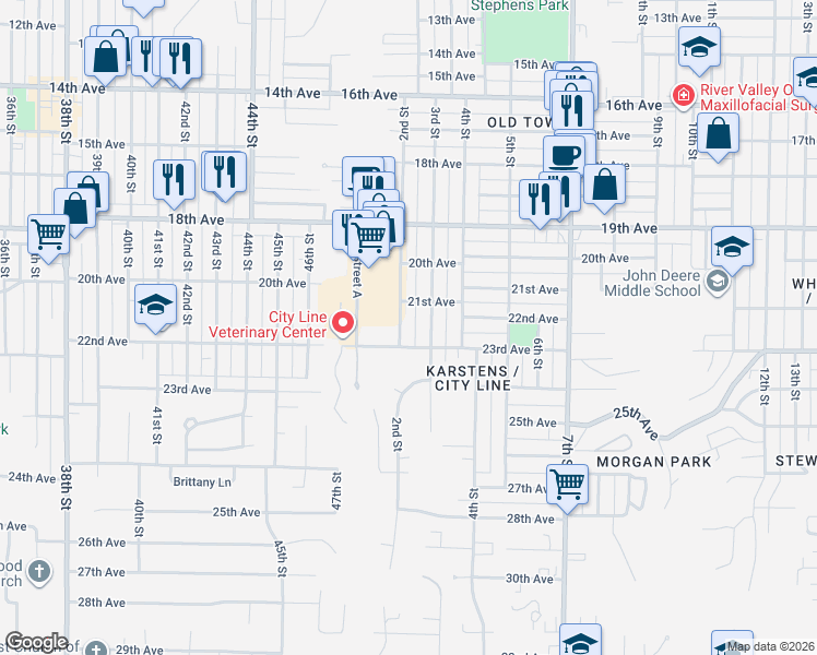 map of restaurants, bars, coffee shops, grocery stores, and more near 2140 2nd Street in Moline