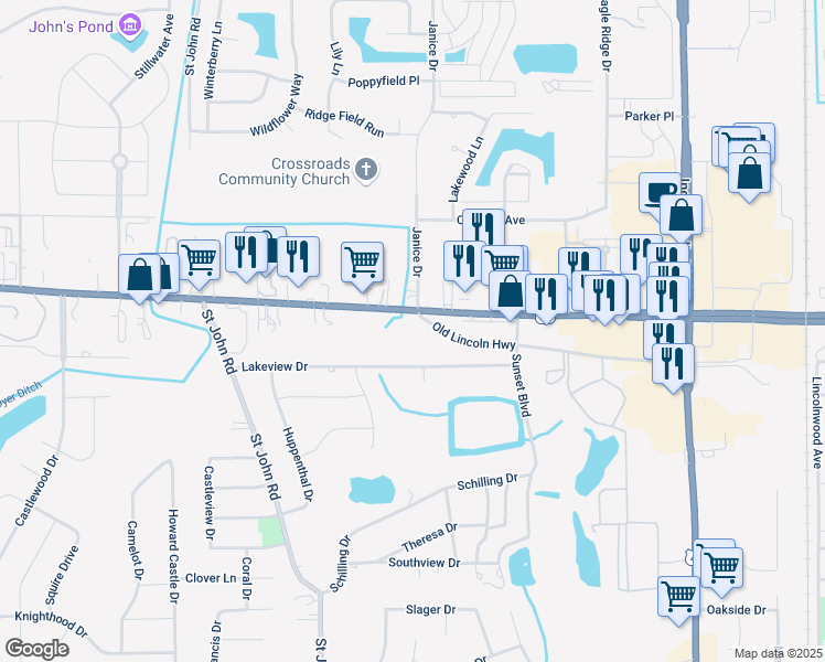 map of restaurants, bars, coffee shops, grocery stores, and more near 1223 Old Lincoln Hwy in Schererville