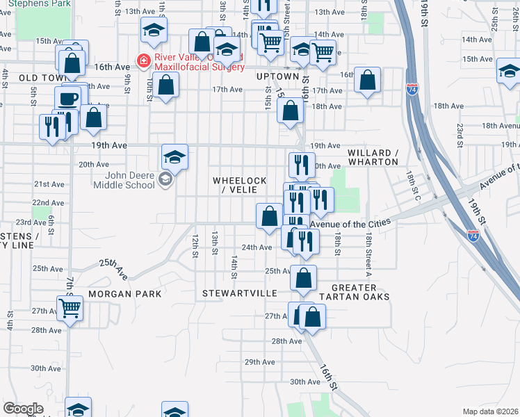 map of restaurants, bars, coffee shops, grocery stores, and more near 2125 15th Street in Moline