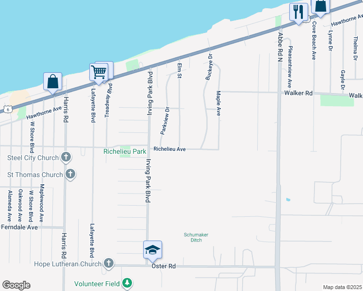 map of restaurants, bars, coffee shops, grocery stores, and more near 5005 Richelieu Avenue in Sheffield Lake