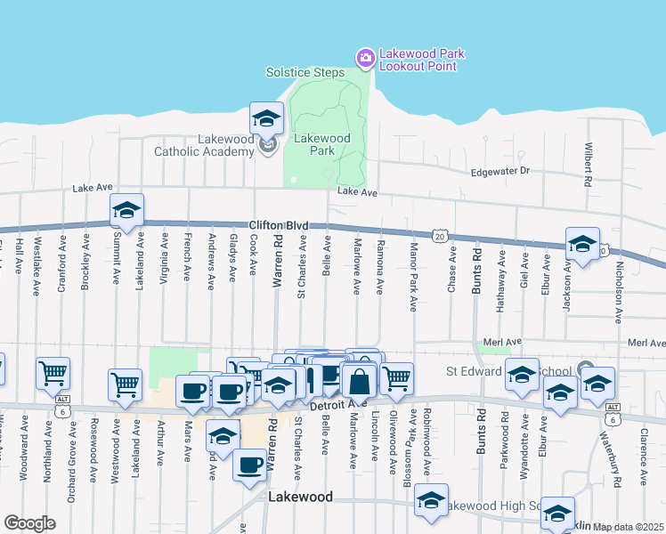 map of restaurants, bars, coffee shops, grocery stores, and more near 1233 Belle Avenue in Lakewood