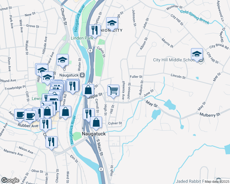 map of restaurants, bars, coffee shops, grocery stores, and more near 32 Phoenix Avenue in Naugatuck