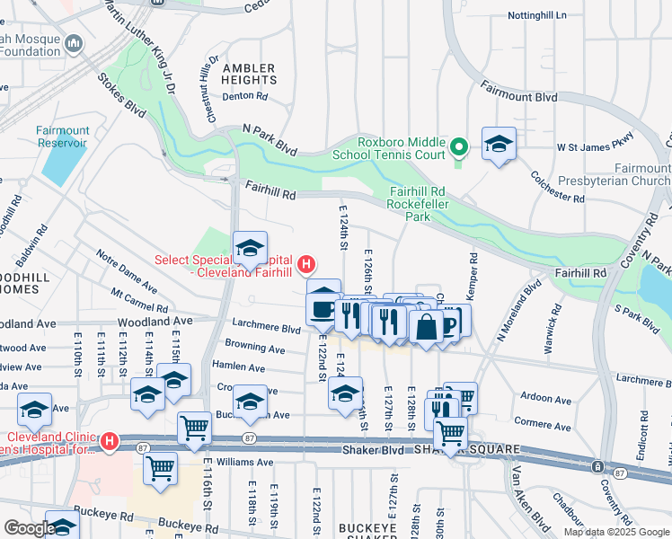 map of restaurants, bars, coffee shops, grocery stores, and more near 2512 East 124th Street in Cleveland