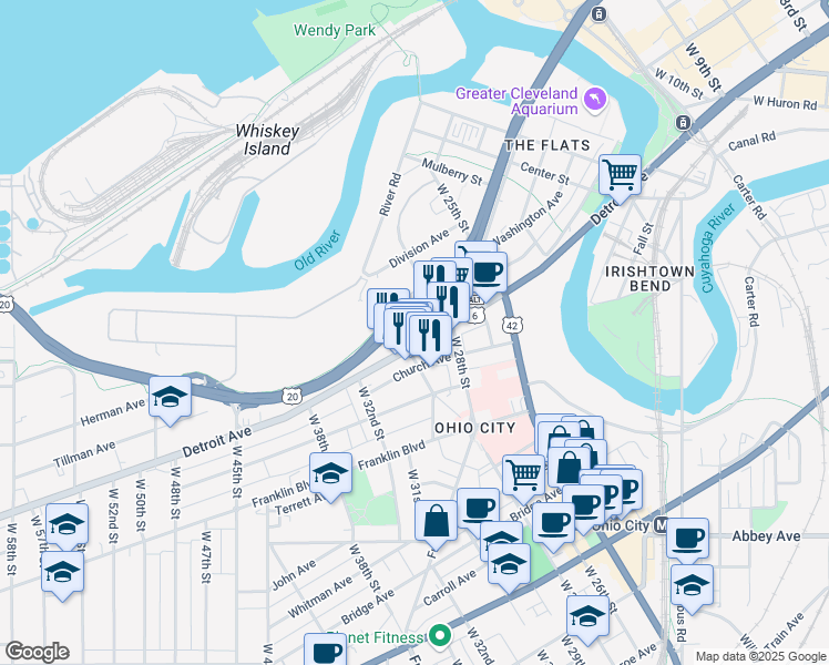 map of restaurants, bars, coffee shops, grocery stores, and more near 2908 Church Avenue in Cleveland