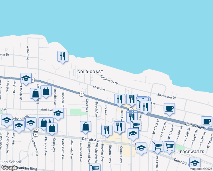 map of restaurants, bars, coffee shops, grocery stores, and more near 12002 Lake Avenue in Lakewood