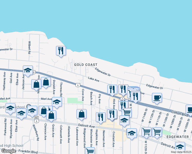 map of restaurants, bars, coffee shops, grocery stores, and more near 12002 Lake Avenue in Lakewood