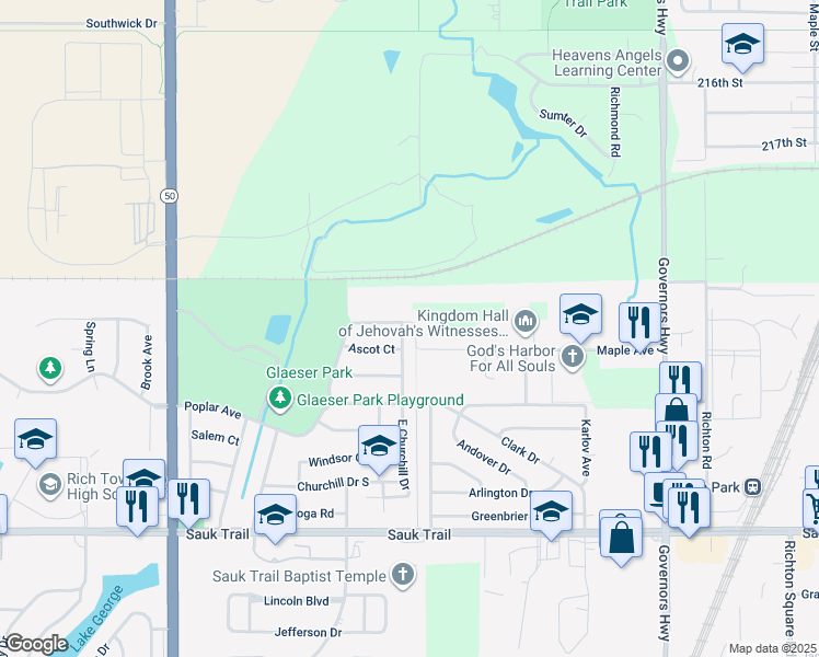 map of restaurants, bars, coffee shops, grocery stores, and more near 21949 East Churchill Drive in Richton Park