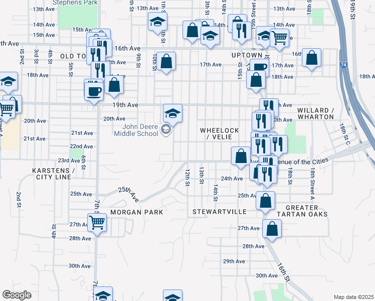map of restaurants, bars, coffee shops, grocery stores, and more near 2127 12th Street in Moline