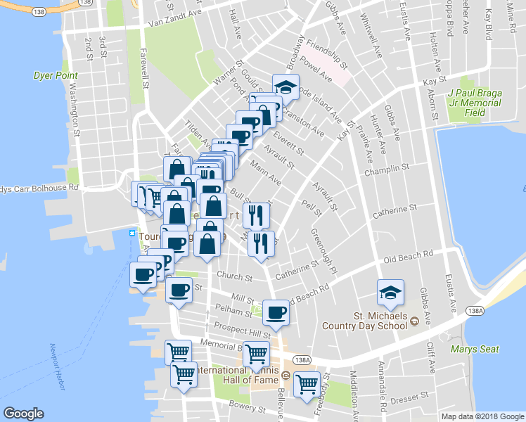 map of restaurants, bars, coffee shops, grocery stores, and more near 24 Mount Vernon Street in Newport