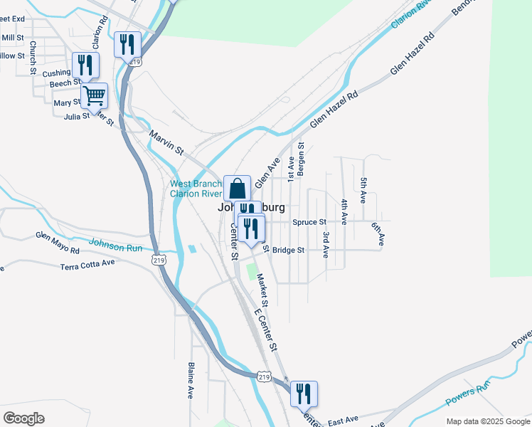 map of restaurants, bars, coffee shops, grocery stores, and more near 407 Spruce St in Johnsonburg