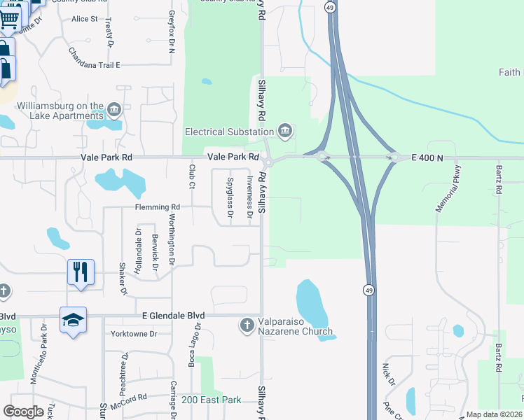 map of restaurants, bars, coffee shops, grocery stores, and more near 2402 Silhavy Road in Valparaiso