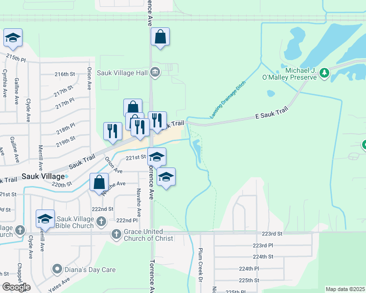 map of restaurants, bars, coffee shops, grocery stores, and more near 2622 Marigold Drive in Sauk Village
