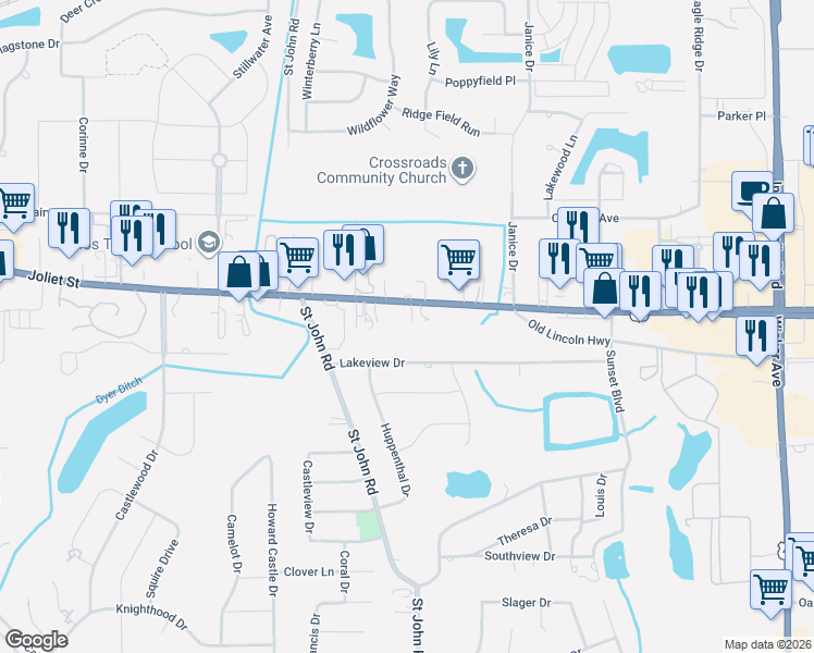 map of restaurants, bars, coffee shops, grocery stores, and more near 1405 U.S. 30 in Schererville