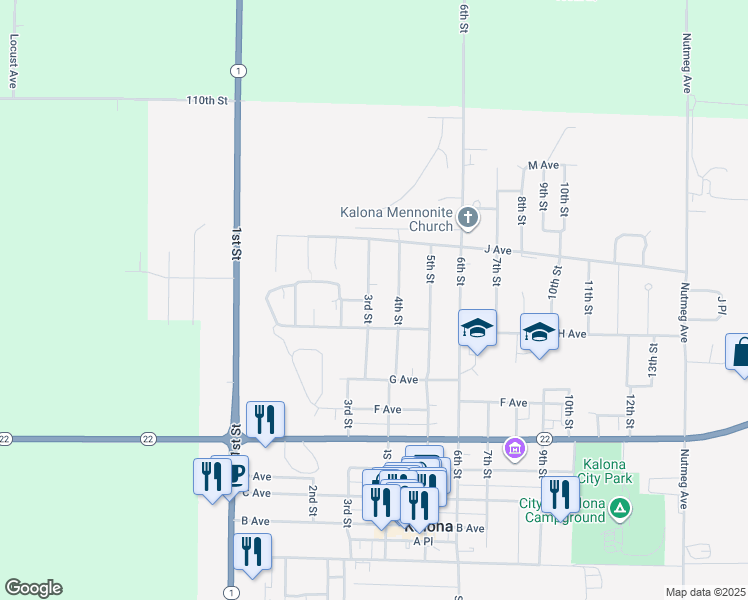 map of restaurants, bars, coffee shops, grocery stores, and more near 814 3rd Street in Kalona