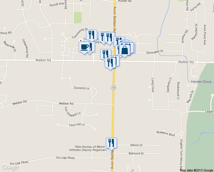 map of restaurants, bars, coffee shops, grocery stores, and more near 550 Avon Belden Road in Avon Lake