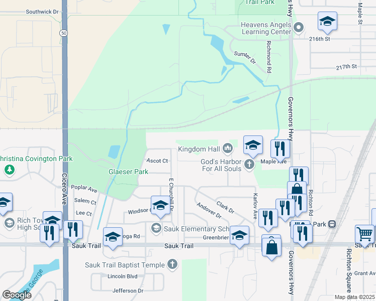 map of restaurants, bars, coffee shops, grocery stores, and more near 4500 Maple Avenue in Matteson