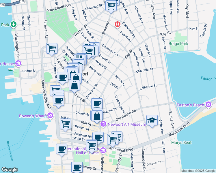 map of restaurants, bars, coffee shops, grocery stores, and more near 35 Kay Street in Newport