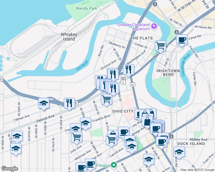 map of restaurants, bars, coffee shops, grocery stores, and more near 2860 Detroit Avenue in Cleveland