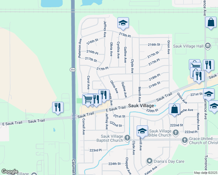 map of restaurants, bars, coffee shops, grocery stores, and more near 21912 Jeffrey Avenue in Sauk Village
