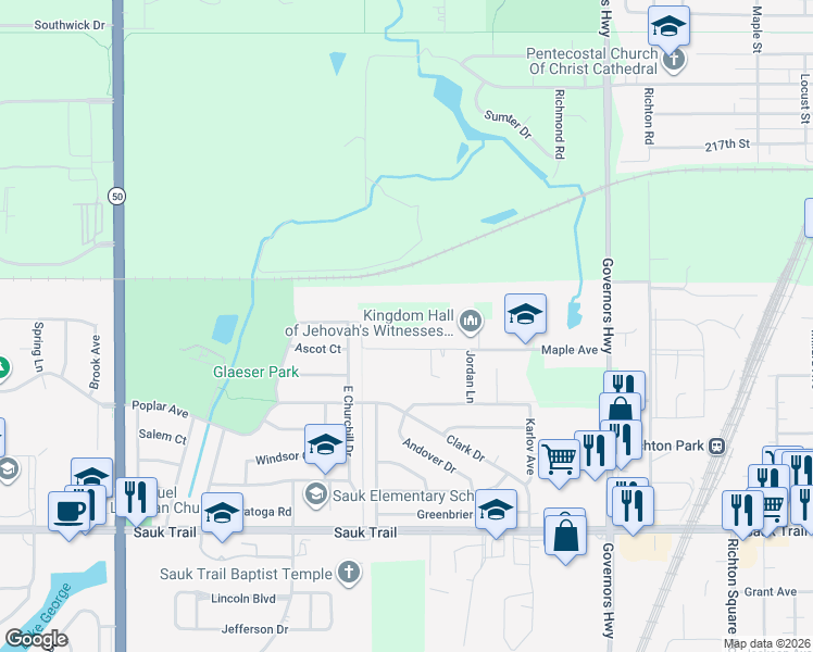map of restaurants, bars, coffee shops, grocery stores, and more near 4500 Maple Avenue in Matteson