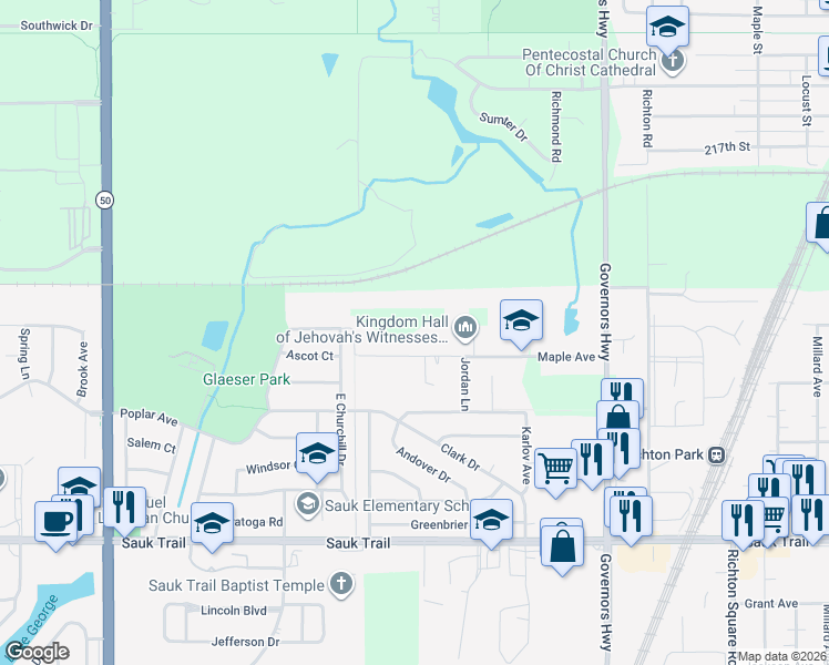 map of restaurants, bars, coffee shops, grocery stores, and more near 4440 Maple Avenue in Matteson