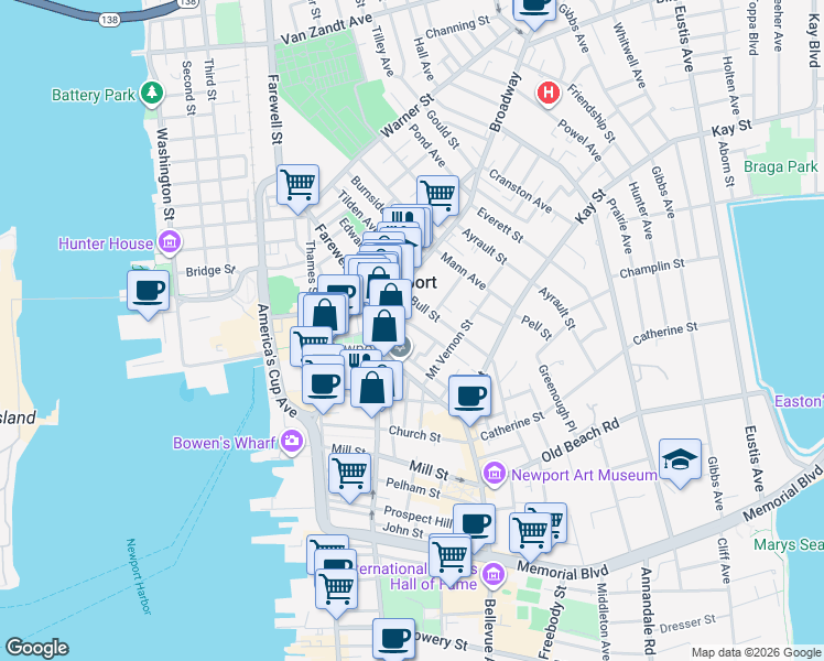 map of restaurants, bars, coffee shops, grocery stores, and more near 3 Russo Court in Newport