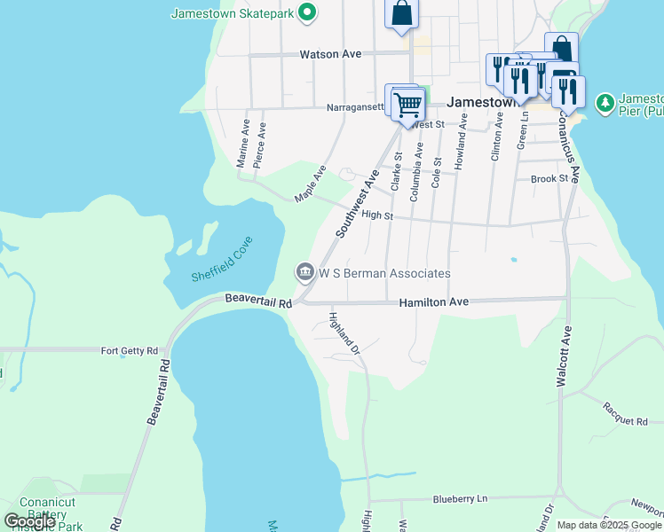map of restaurants, bars, coffee shops, grocery stores, and more near 133 Southwest Avenue in Jamestown