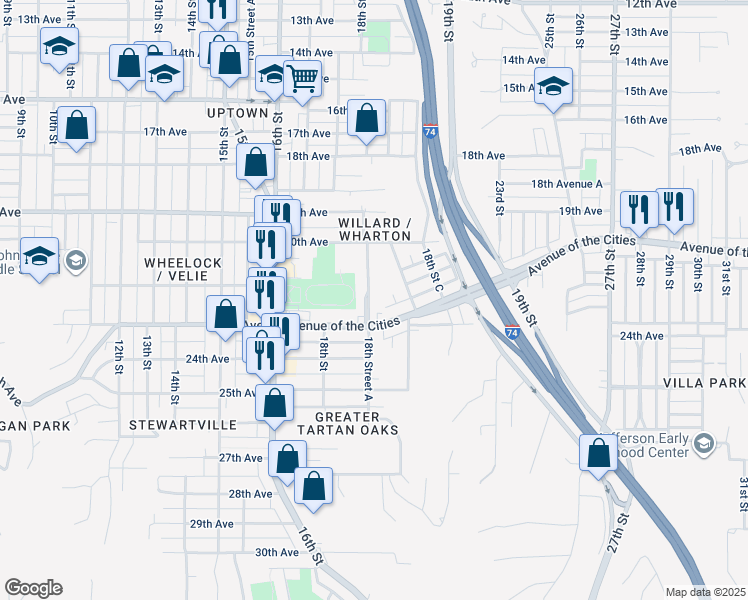 map of restaurants, bars, coffee shops, grocery stores, and more near 2210 18th Street A in Moline