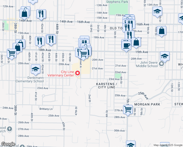 map of restaurants, bars, coffee shops, grocery stores, and more near 2124 2nd Street in Moline