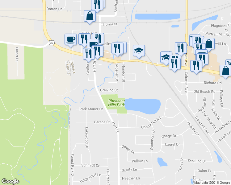 map of restaurants, bars, coffee shops, grocery stores, and more near 256 Greiving Street in Dyer