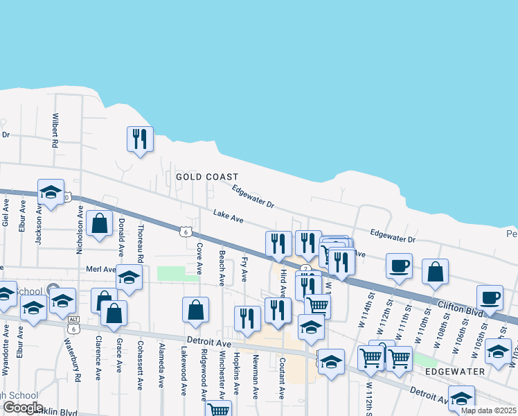 map of restaurants, bars, coffee shops, grocery stores, and more near 11843 Edgewater Drive in Lakewood