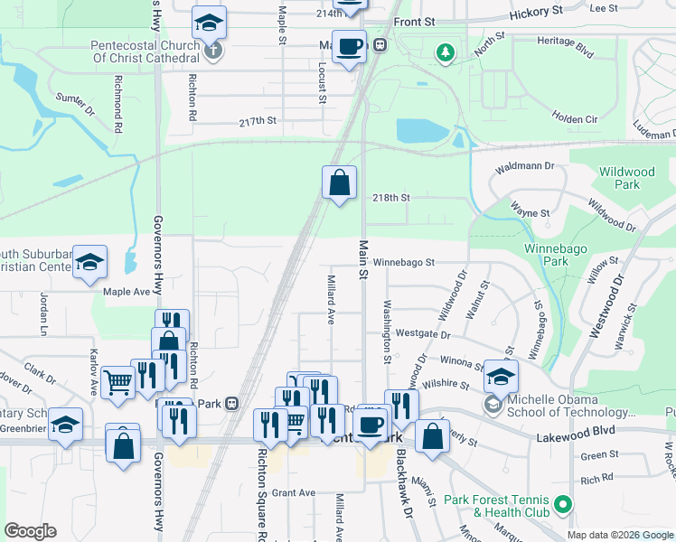 map of restaurants, bars, coffee shops, grocery stores, and more near 3627 Linden Road in Richton Park