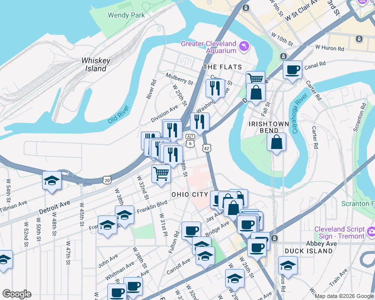 map of restaurants, bars, coffee shops, grocery stores, and more near 2615 Detroit Avenue in Cleveland