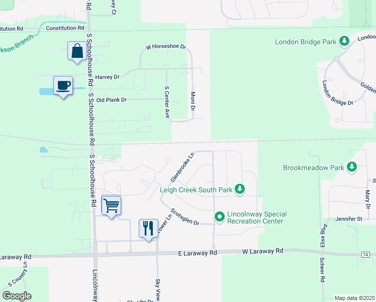 map of restaurants, bars, coffee shops, grocery stores, and more near 1728 Glenbrooke Lane in New Lenox
