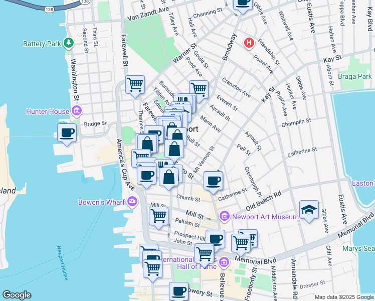 map of restaurants, bars, coffee shops, grocery stores, and more near 3 Russo Court in Newport
