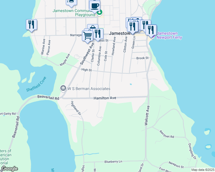 map of restaurants, bars, coffee shops, grocery stores, and more near 113 Howland Avenue in Jamestown