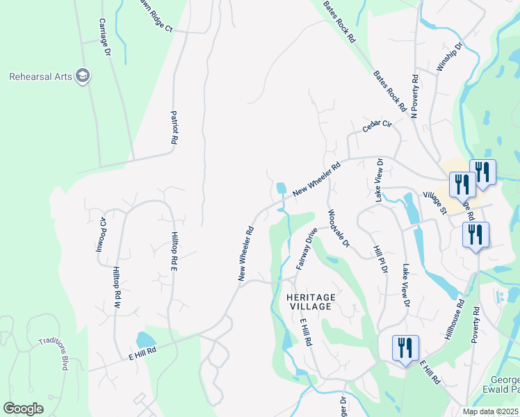 map of restaurants, bars, coffee shops, grocery stores, and more near New Wheeler Road in Southbury
