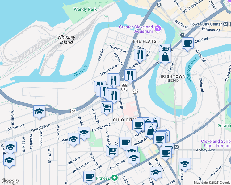 map of restaurants, bars, coffee shops, grocery stores, and more near in Cleveland