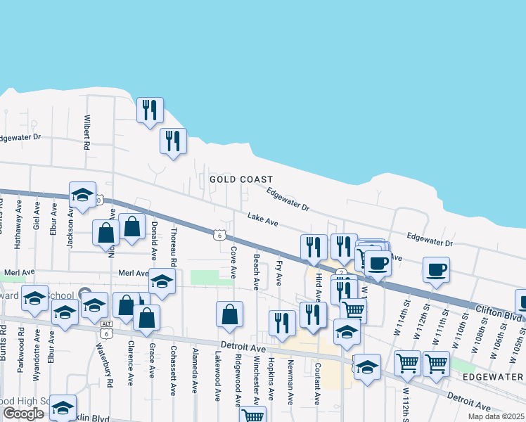 map of restaurants, bars, coffee shops, grocery stores, and more near 12037 Lake Avenue in Lakewood