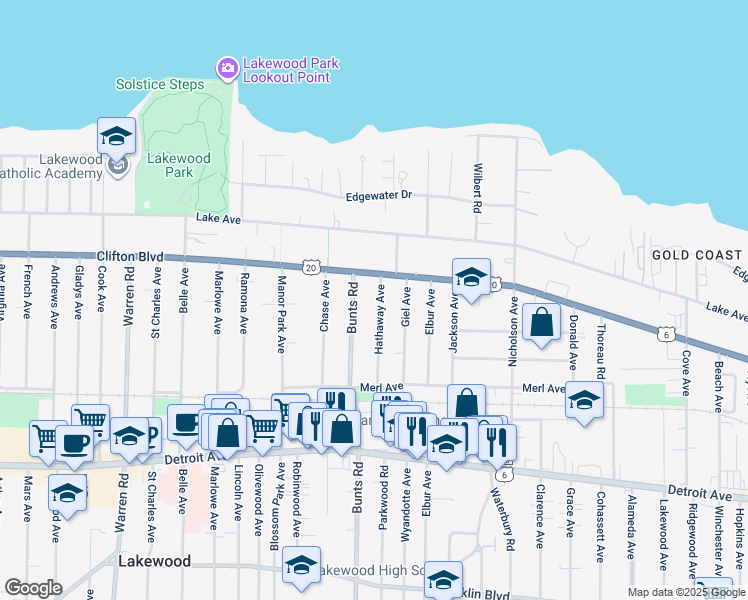map of restaurants, bars, coffee shops, grocery stores, and more near 1232 Hathaway Avenue in Lakewood
